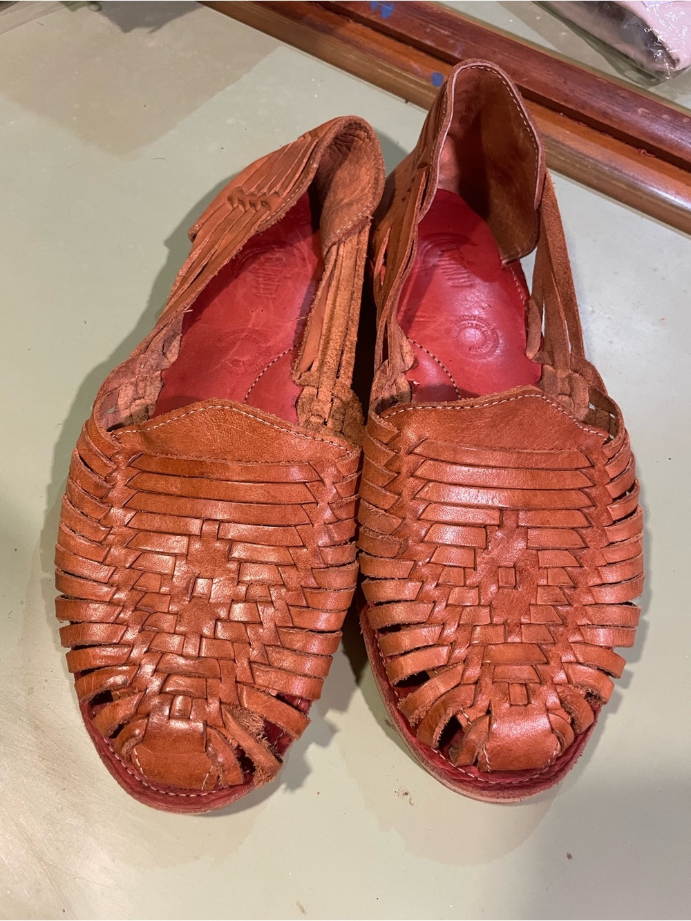 Woven Leather Huarache Sandals in Cognac Tan